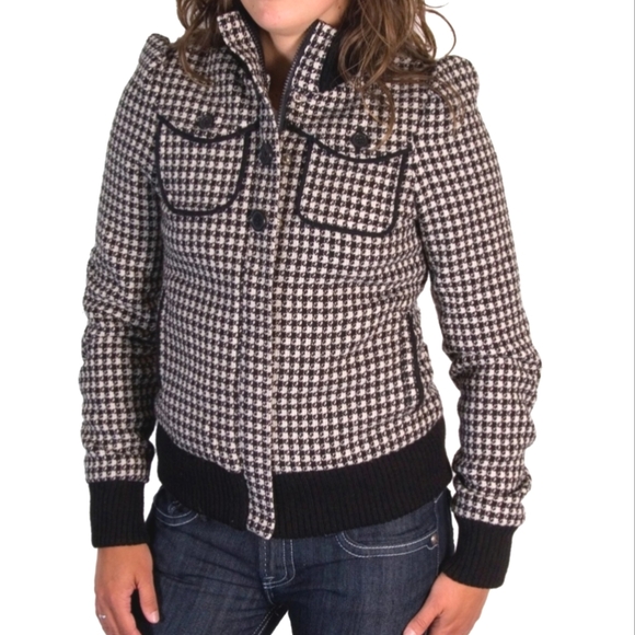 Billabong Lumber Jane Pink Plaid Tartan Wool Houndstooth Bomber Jacket Coat - Picture 4 of 16